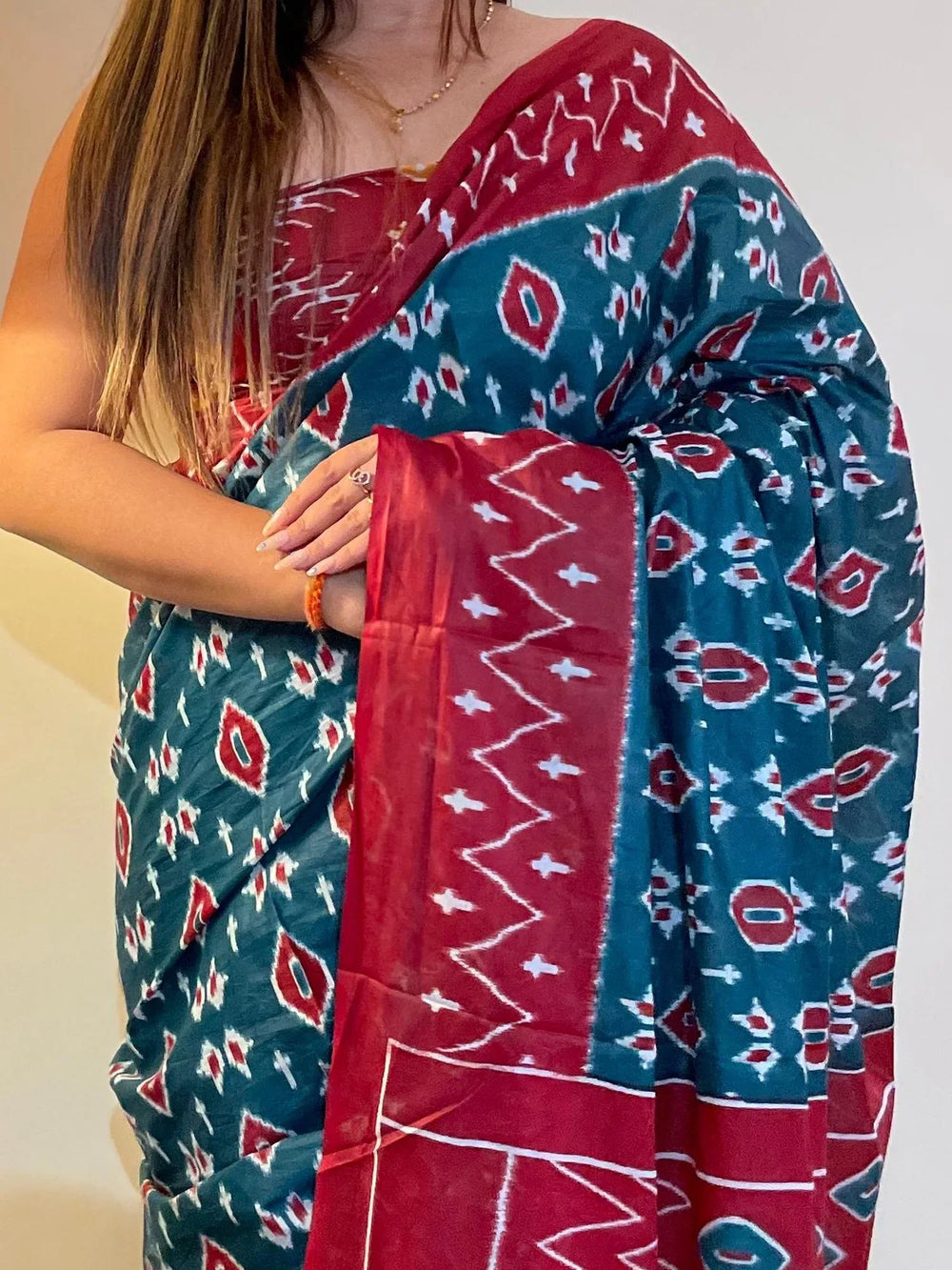 Maroon Teal Blue Printed Branded Cotton Saree - The Dori Store