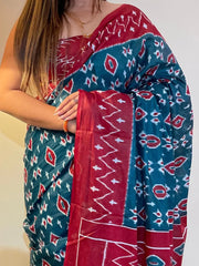 Maroon Teal Blue Printed Branded Cotton Saree - The Dori Store