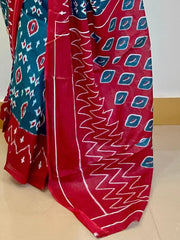 Maroon Teal Blue Printed Branded Cotton Saree - The Dori Store