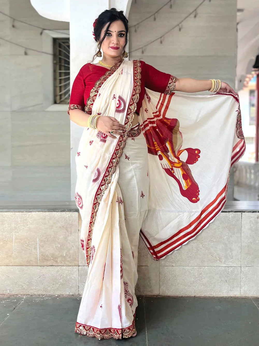 Off White Designer Cotton Saree - The Dori Store