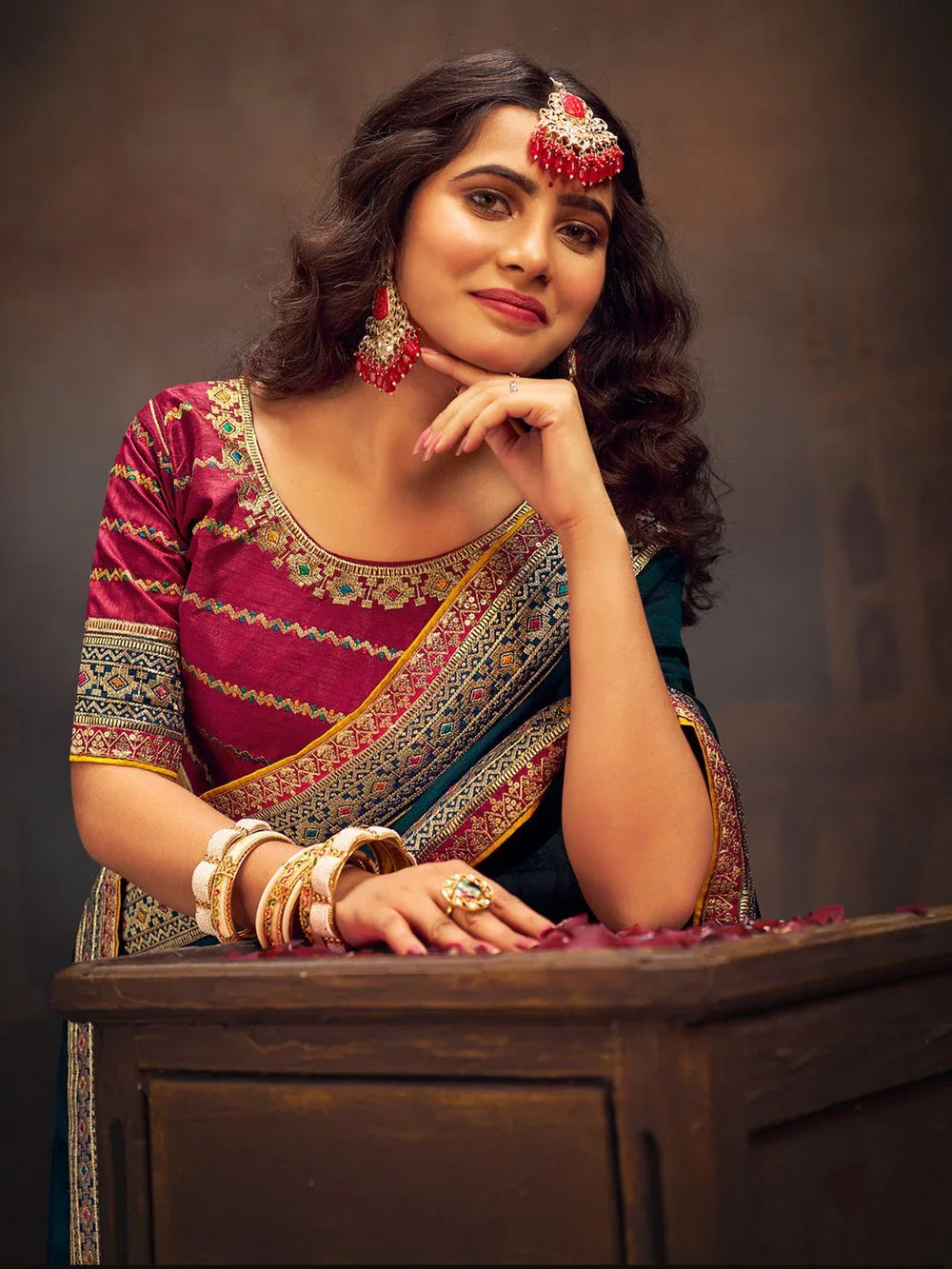 Teal Blue Party Wear Vichitra Silk Embroidered Saree - The Dori Store