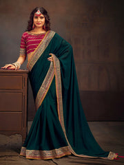 Teal Blue Party Wear Vichitra Silk Embroidered Saree - The Dori Store