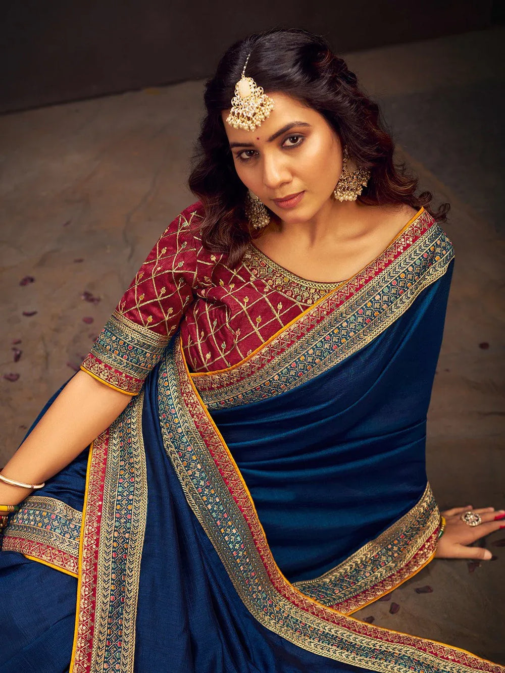 Teal Blue Party Wear Vichitra Silk Embroidered Saree - The Dori Store