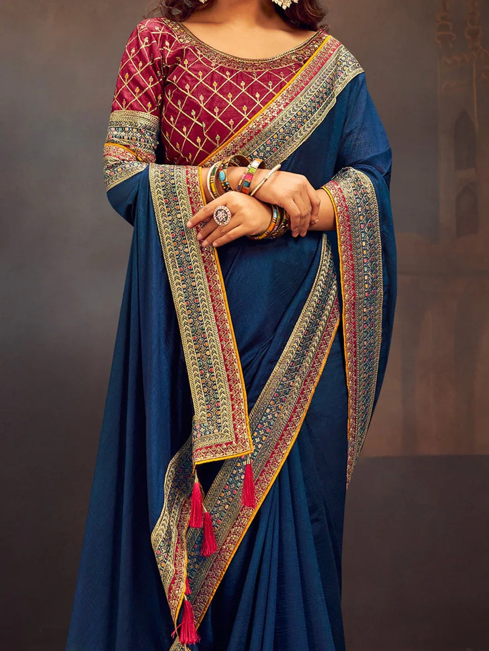 Teal Blue Party Wear Vichitra Silk Embroidered Saree - The Dori Store