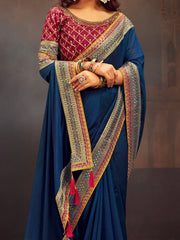 Teal Blue Party Wear Vichitra Silk Embroidered Saree - The Dori Store