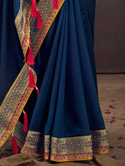 Teal Blue Party Wear Vichitra Silk Embroidered Saree - The Dori Store