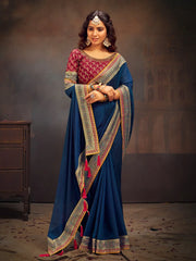 Teal Blue Party Wear Vichitra Silk Embroidered Saree - The Dori Store