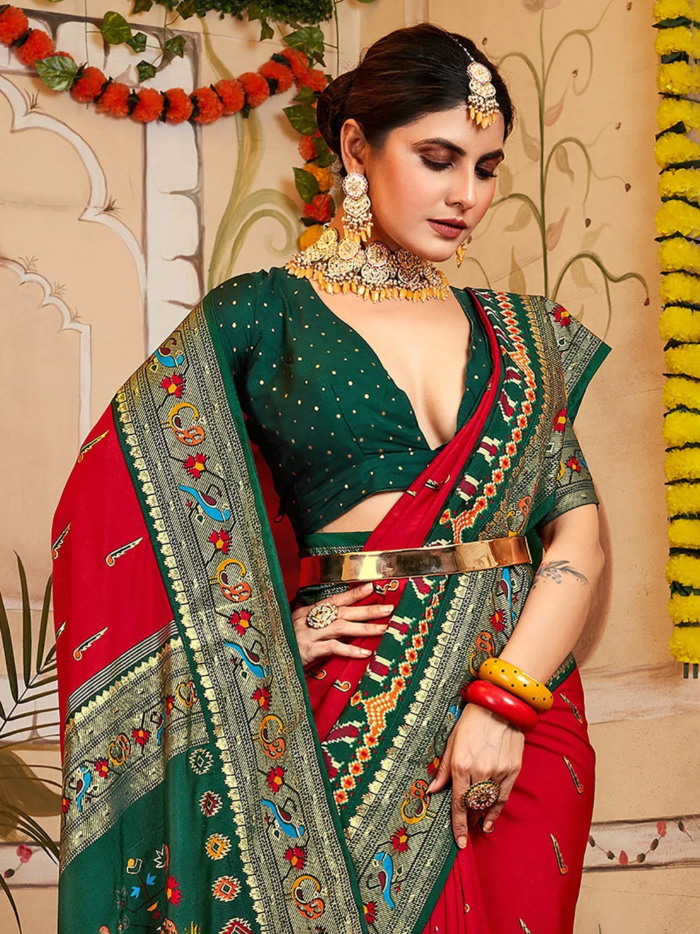 Bridal Red Peacock Banarasi Patola Silk Saree - The Dori Store