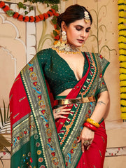 Bridal Red Peacock Banarasi Patola Silk Saree - The Dori Store