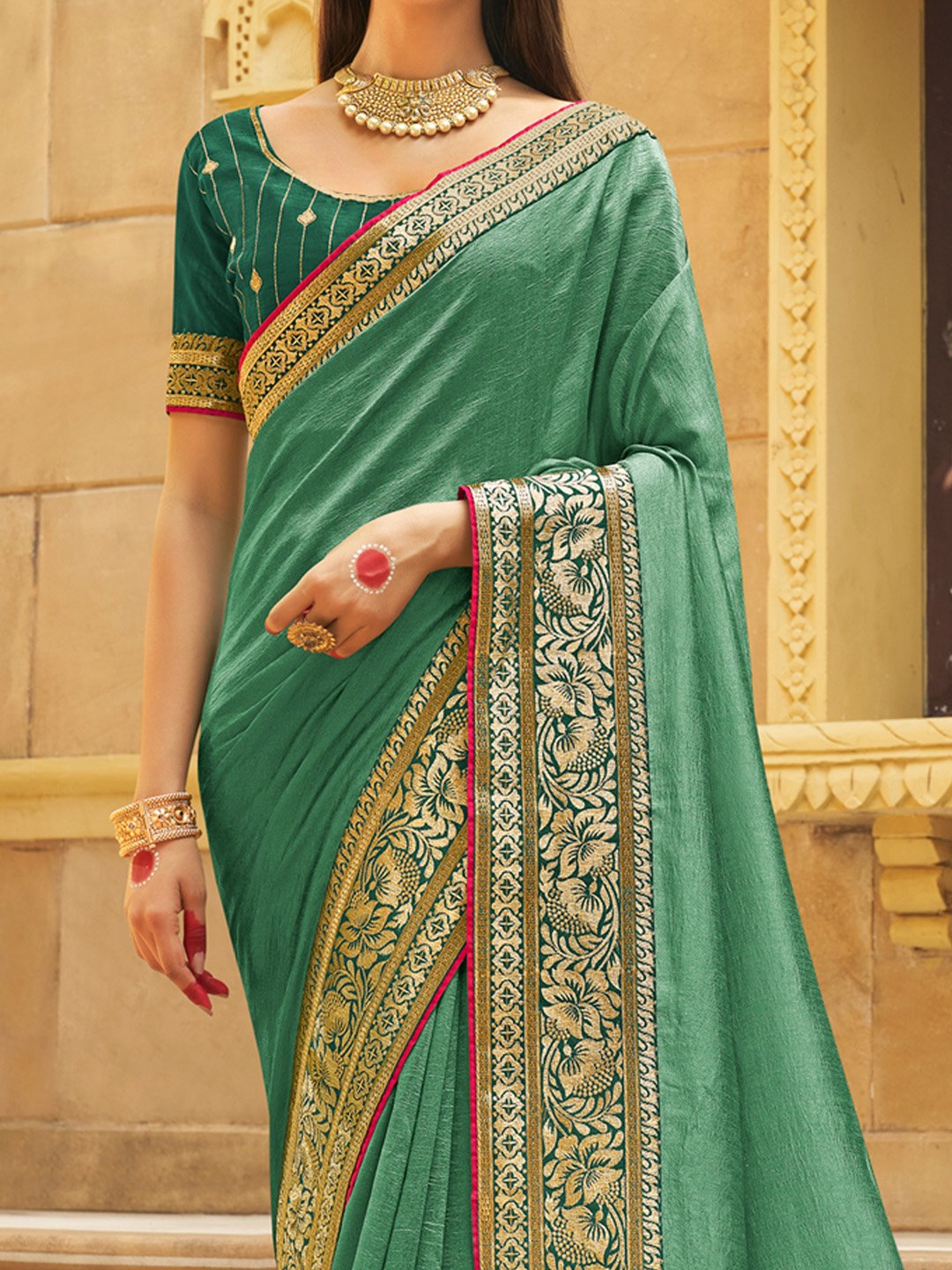 Sea Party Wear Vichitra Silk Woven Saree