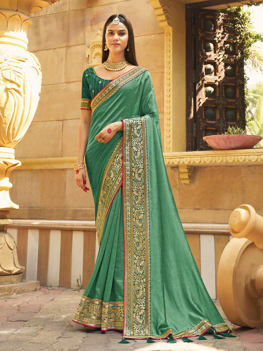 Green Sea Party Wear Vichitra Silk Woven Saree