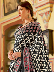 White and Black Printed Crepe Silk Saree - The Dori Store