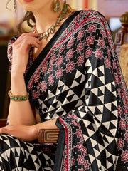 White and Black Printed Crepe Silk Saree - The Dori Store