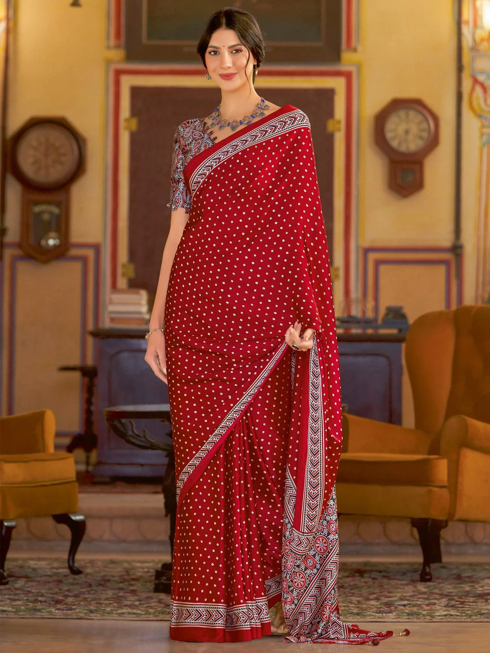 Bridal Red Printed Crepe Silk Saree - The Dori Store