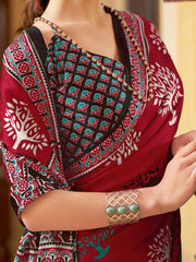 Black and Red Printed Crepe Silk Saree - The Dori Store