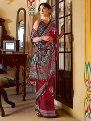 Black and Red Printed Crepe Silk Saree - The Dori Store
