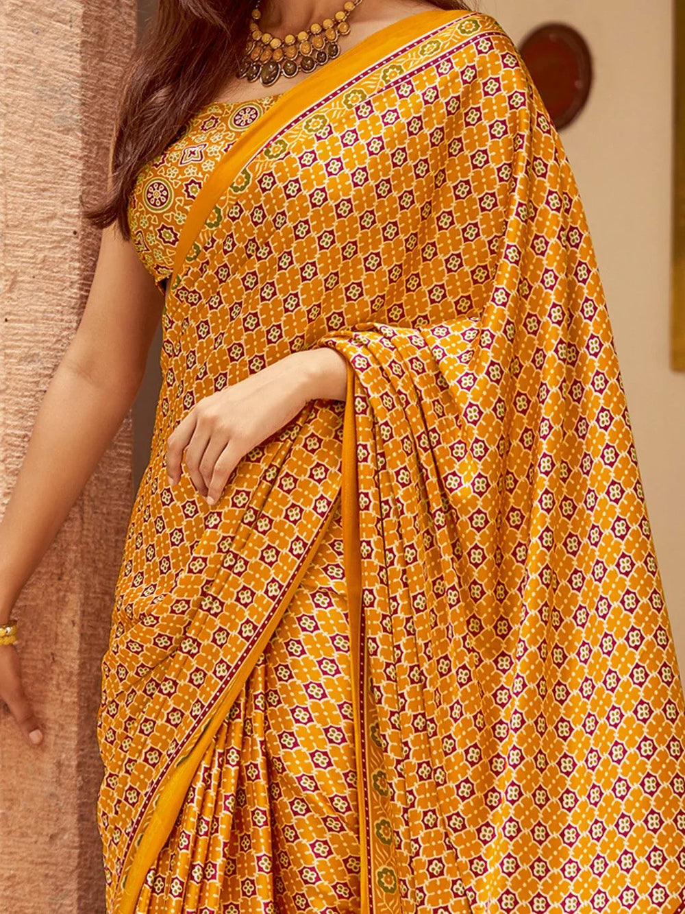 Timeless Mustard Crepe Bagh Print Saree - The Dori Store