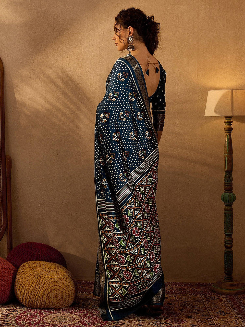 Deep Blue Soft Printed Silk Saree - The Dori Store