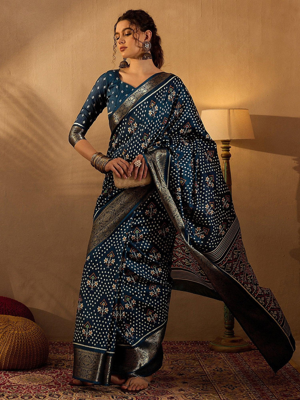Deep Blue Soft Printed Silk Saree - The Dori Store