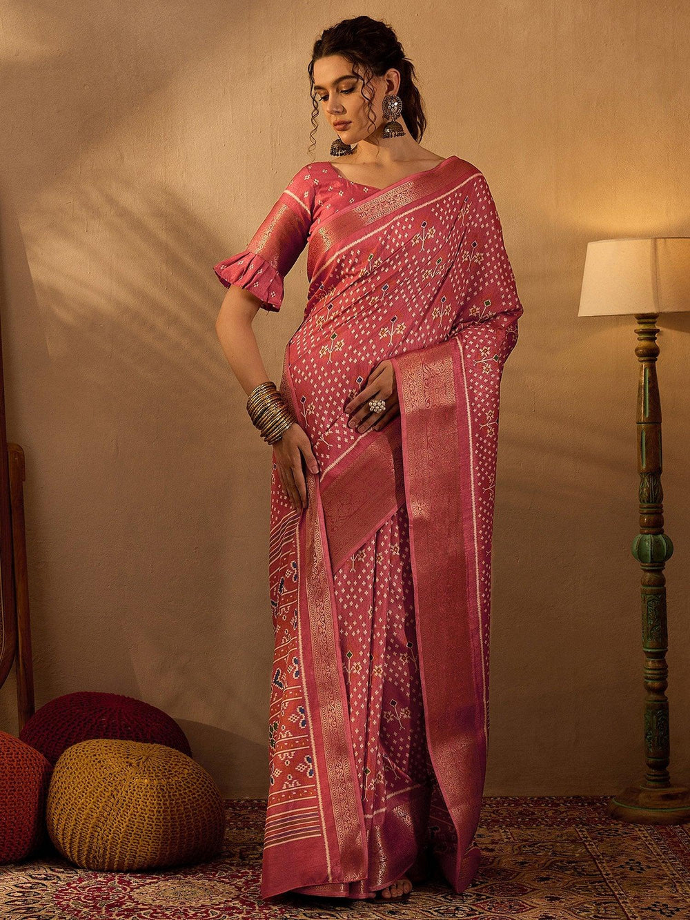Peach Pink Soft Printed Silk Saree - The Dori Store