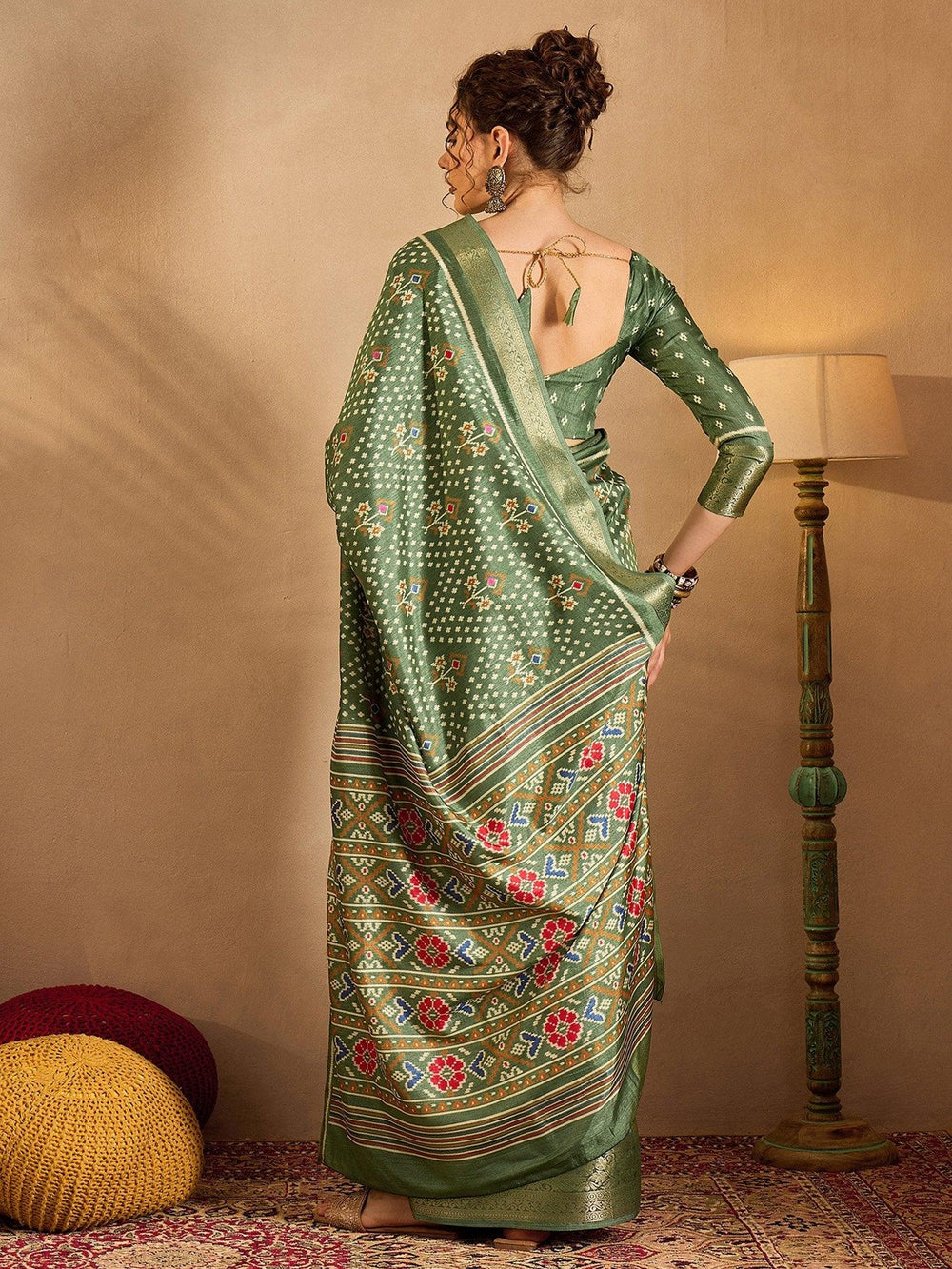 Mehendi Green Soft Printed Silk Saree - The Dori Store
