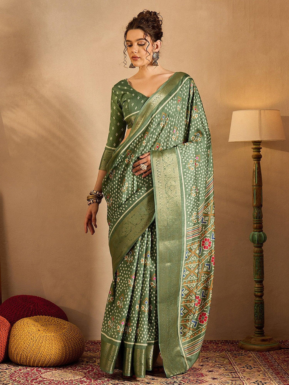 Mehendi Green Soft Printed Silk Saree - The Dori Store