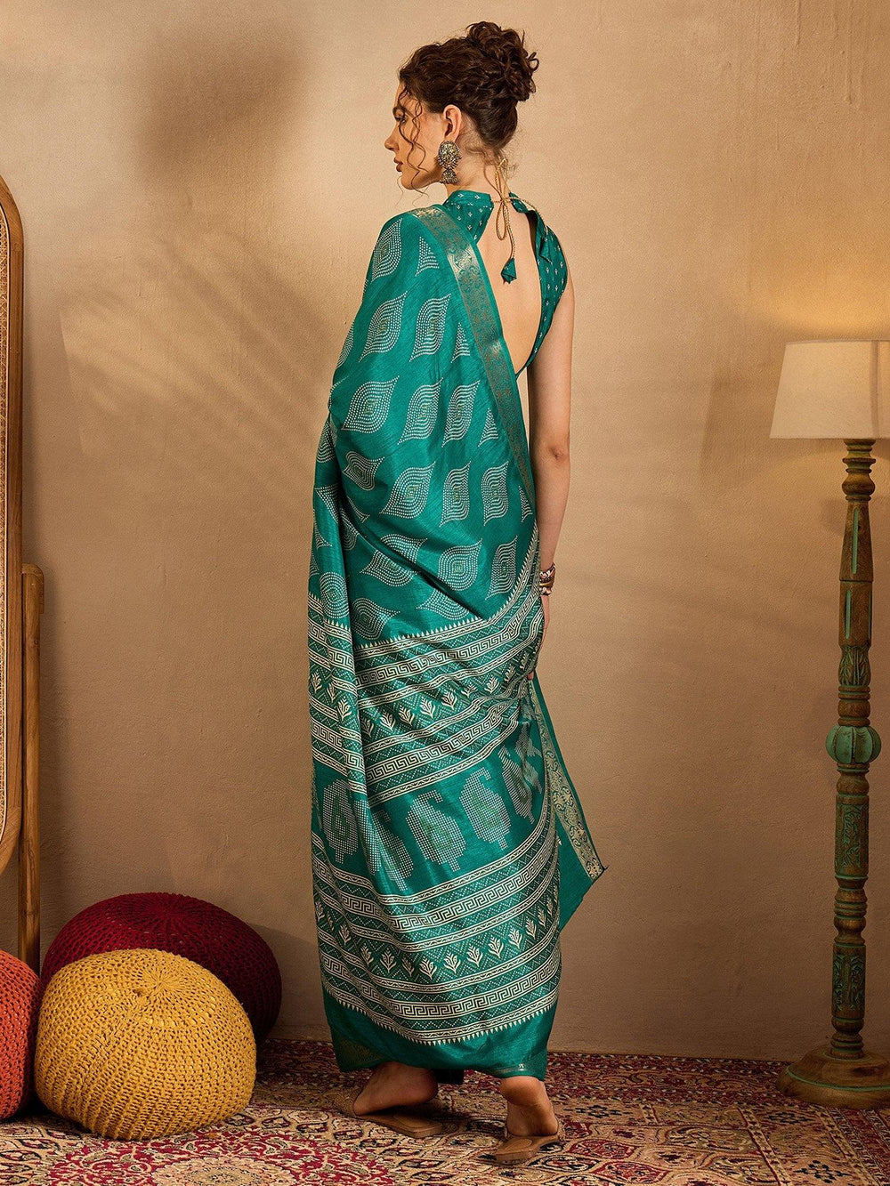 Teal Blue Soft Printed Silk Saree - The Dori Store