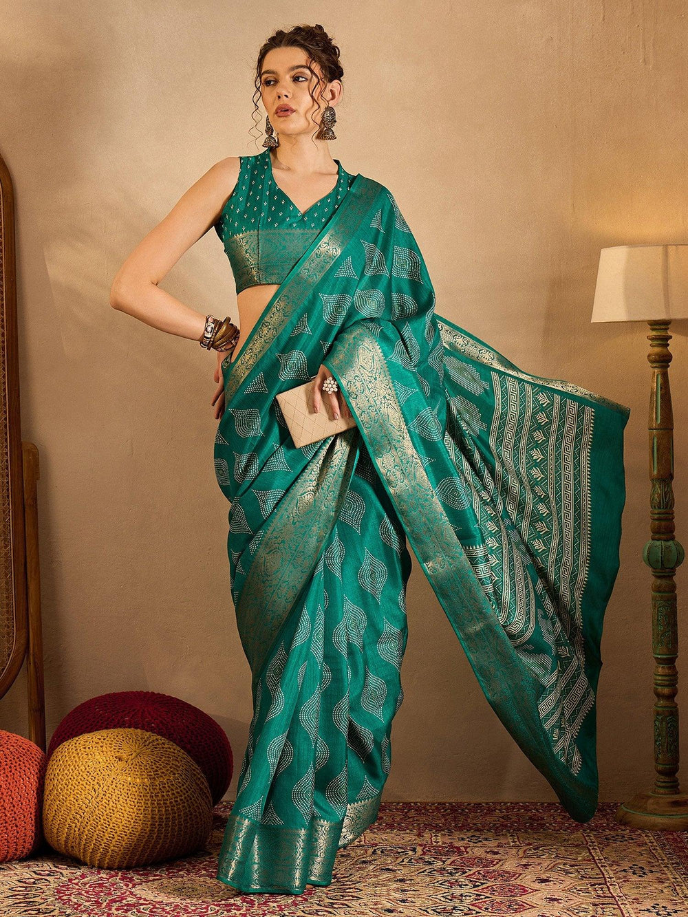 Teal Blue Soft Printed Silk Saree - The Dori Store