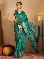 Teal Blue Soft Printed Silk Saree - The Dori Store