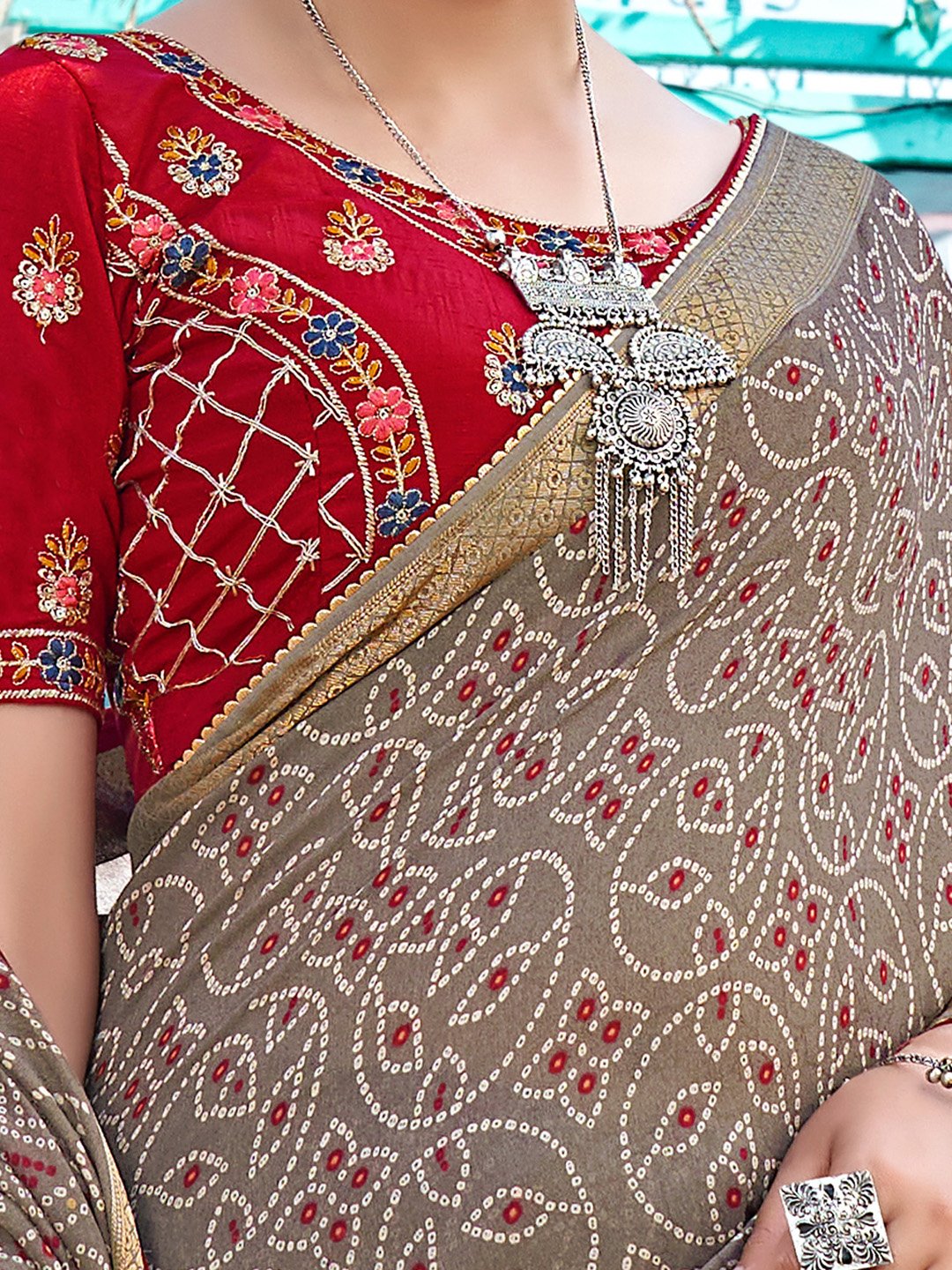 Grey Bandhani Georgette Printed Saree