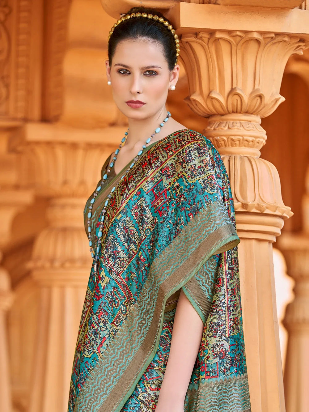 Graceful Blue Digital Print Silk Saree - The Dori Store