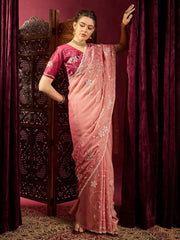 Peach Pink Partywear Chiffon Saree - The Dori Store