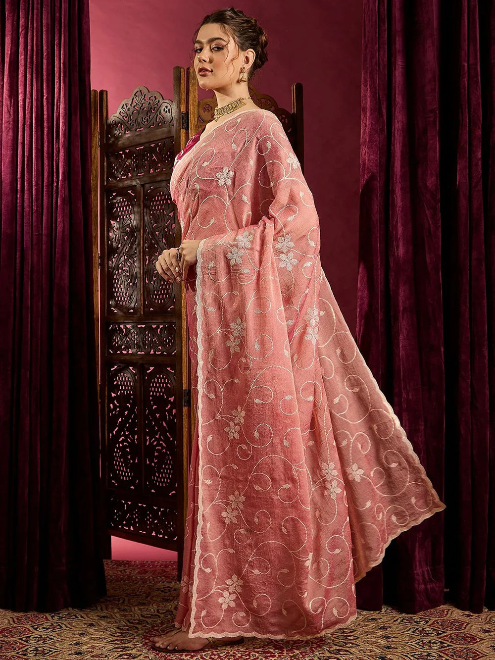Peach Pink Partywear Chiffon Saree - The Dori Store