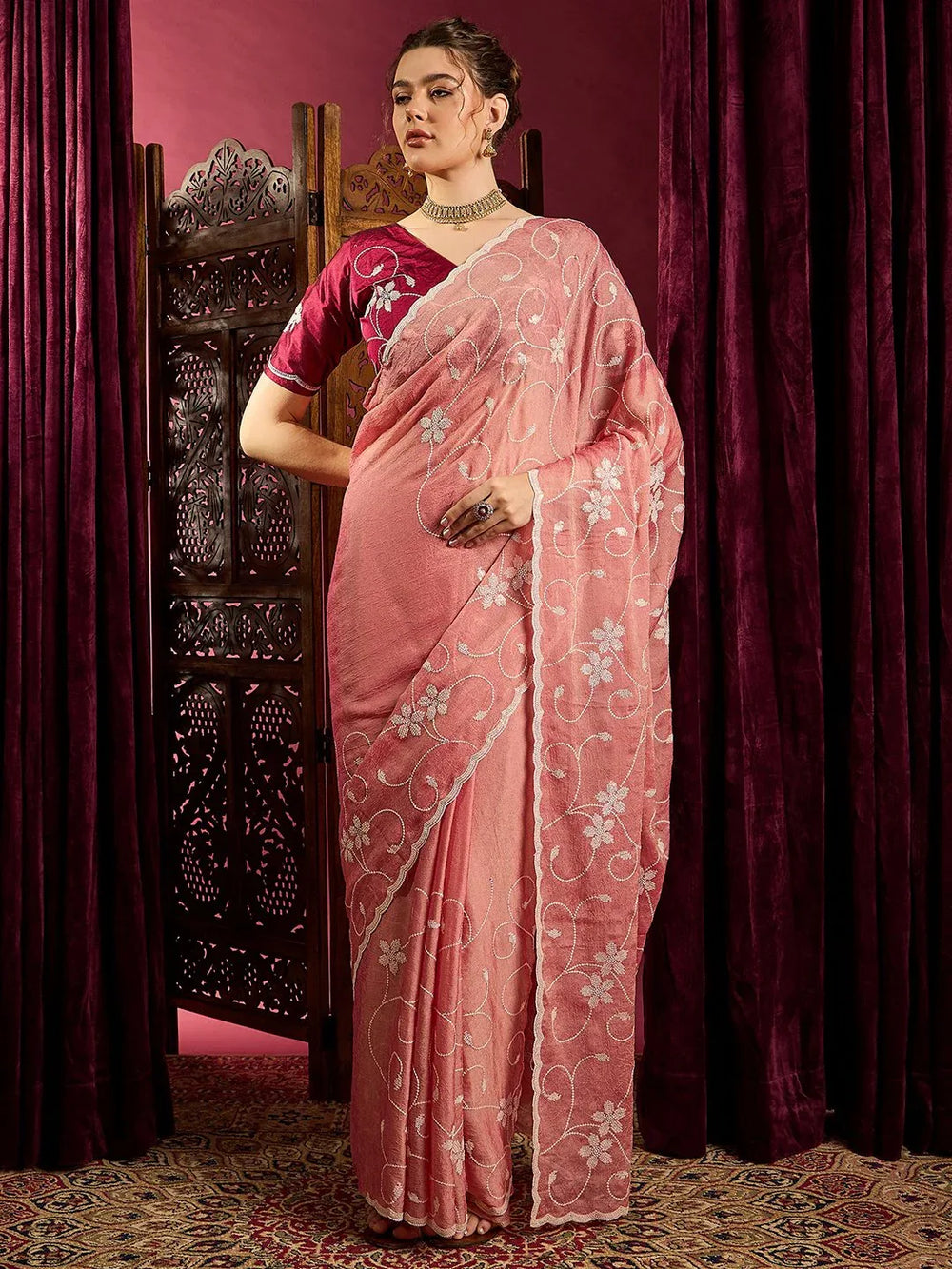 Peach Pink Partywear Chiffon Saree - The Dori Store