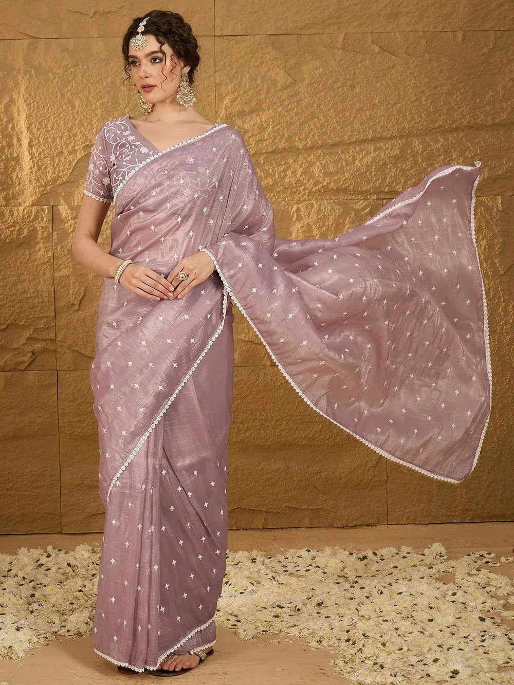 Ethnic Lavender Purple Designer Chiffon Saree - The Dori Store