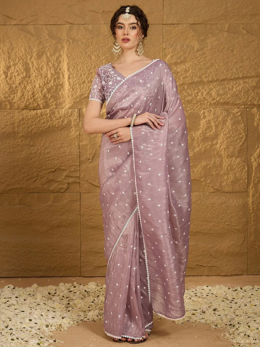 Ethnic Lavender Purple Designer Chiffon Saree - The Dori Store