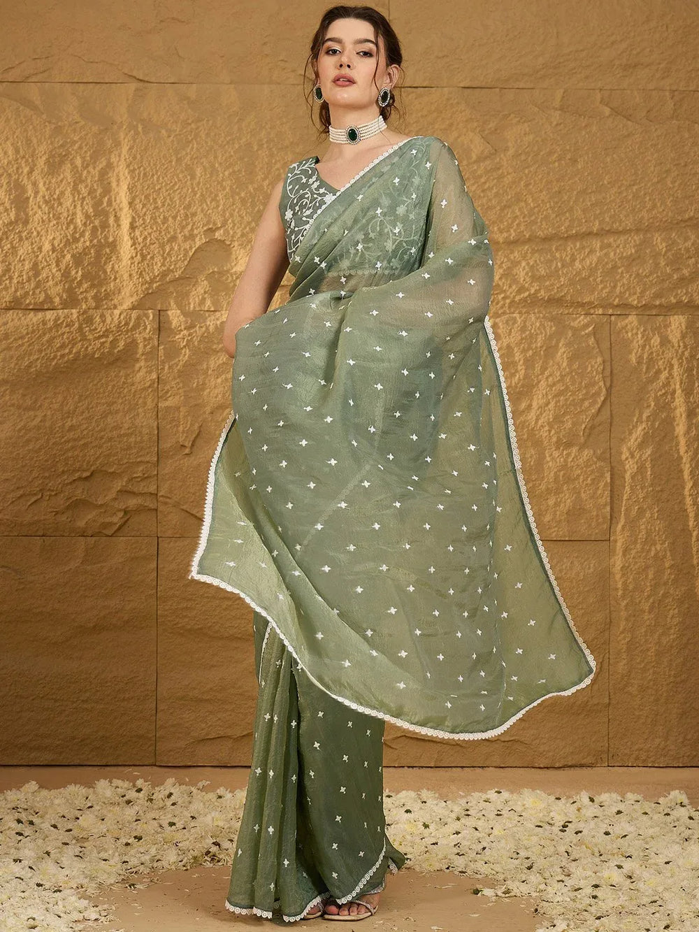 Soft Summer Green Designer Chiffon Saree - The Dori Store