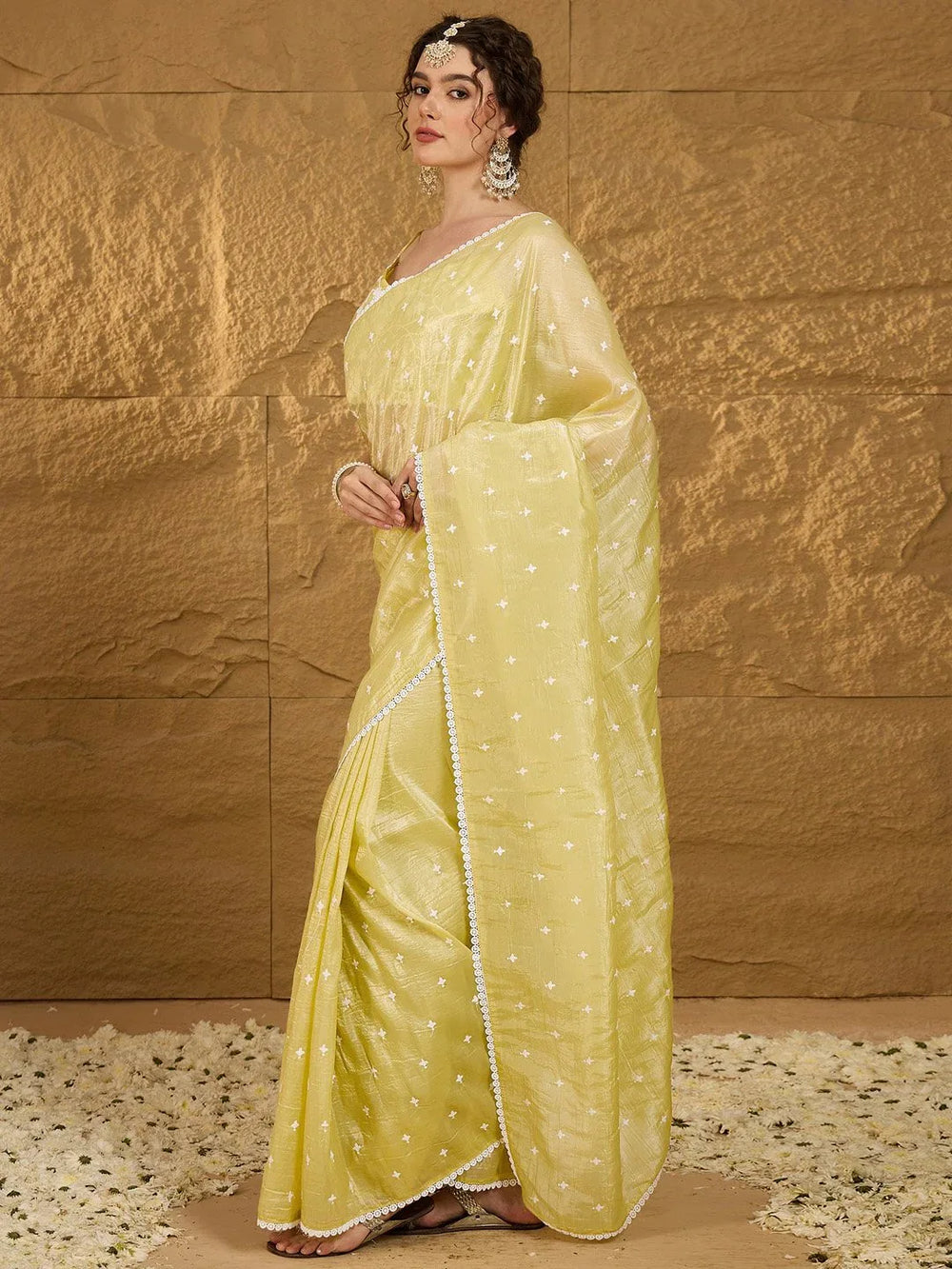Bright Yellow Designer Soft Chiffon Saree - The Dori Store