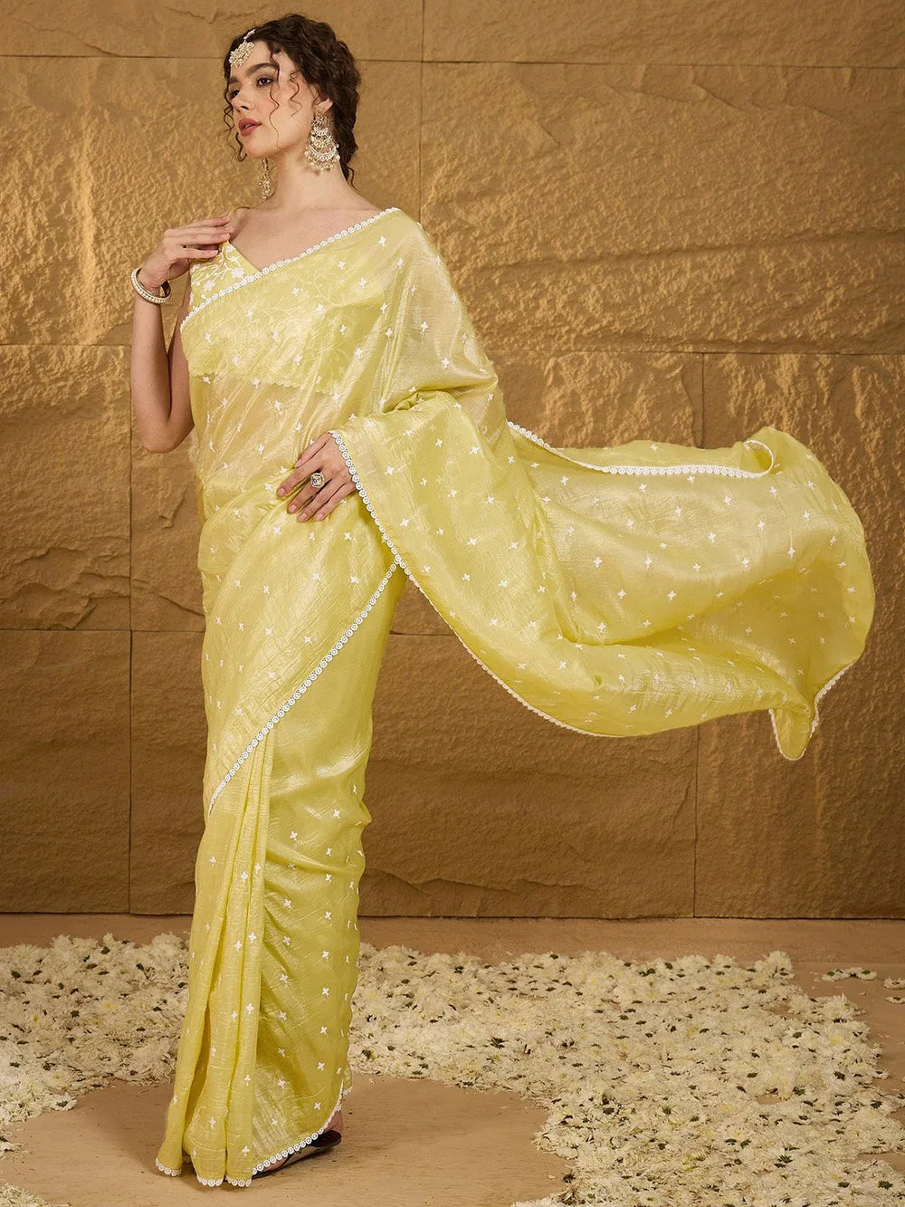 Bright Yellow Designer Soft Chiffon Saree - The Dori Store