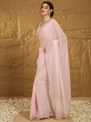 Heritage Pink Sheer Chiffon Lightweight Weave Saree - The Dori Store