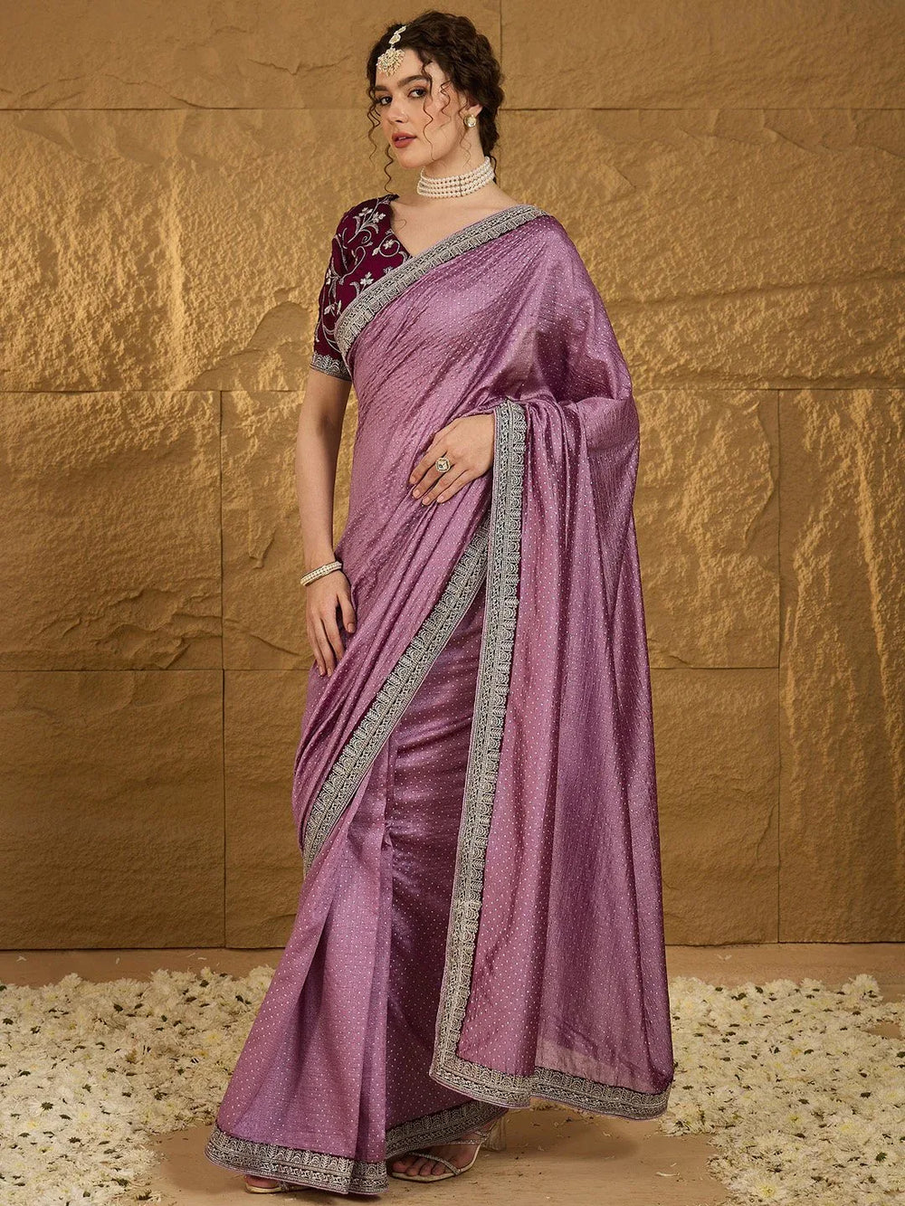 Mauve Designer Georgette Vichitra Silk Saree - The Dori Store