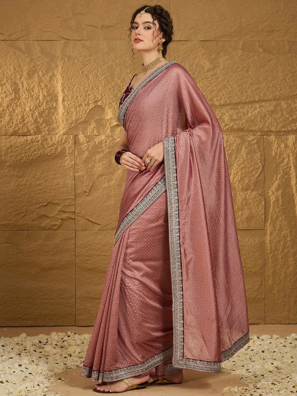 Brown Designer Georgette Vichitra Silk Saree - The Dori Store
