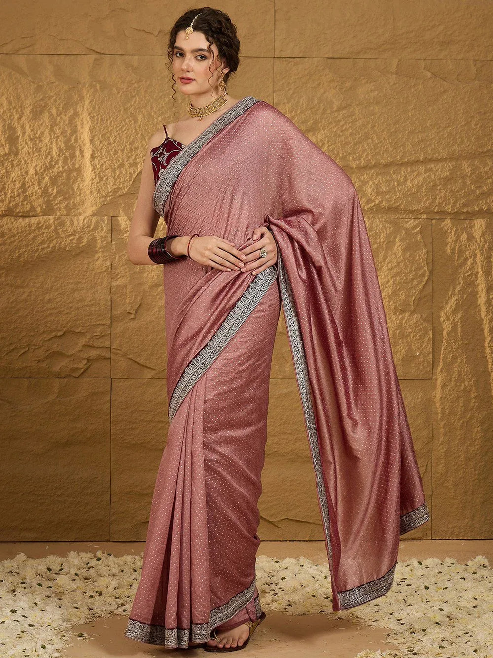 Brown Designer Georgette Vichitra Silk Saree - The Dori Store