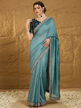 Teal Blue Designer Georgette Vichitra Silk Saree - The Dori Store