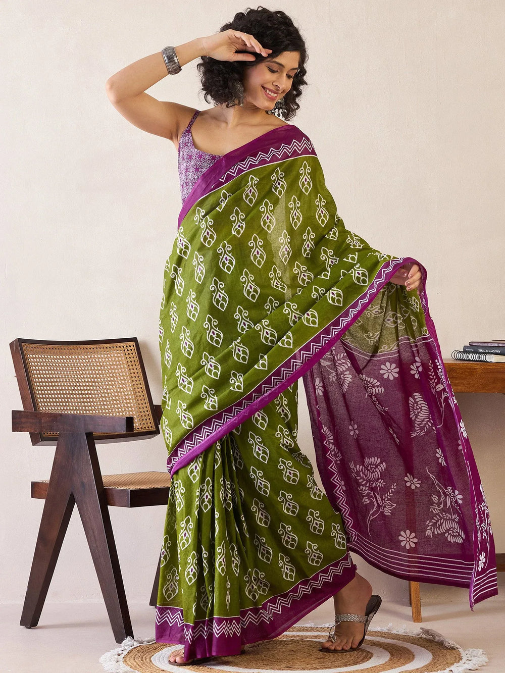 Purplish Green Soft Branded Cotton Saree - The Dori Store