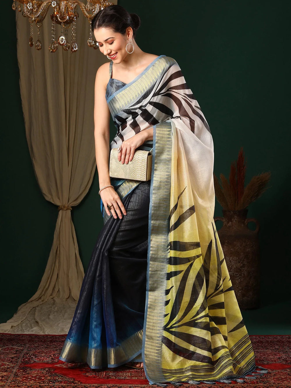 Greyish Blue Organza Designer Saree - The Dori Store