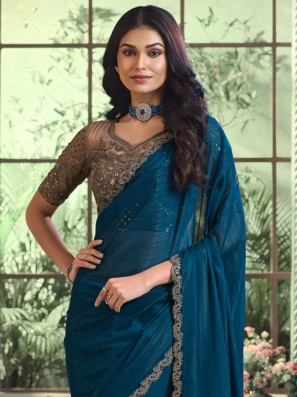 Designer Teal Blue Flowing Georgette Saree - The Dori Store