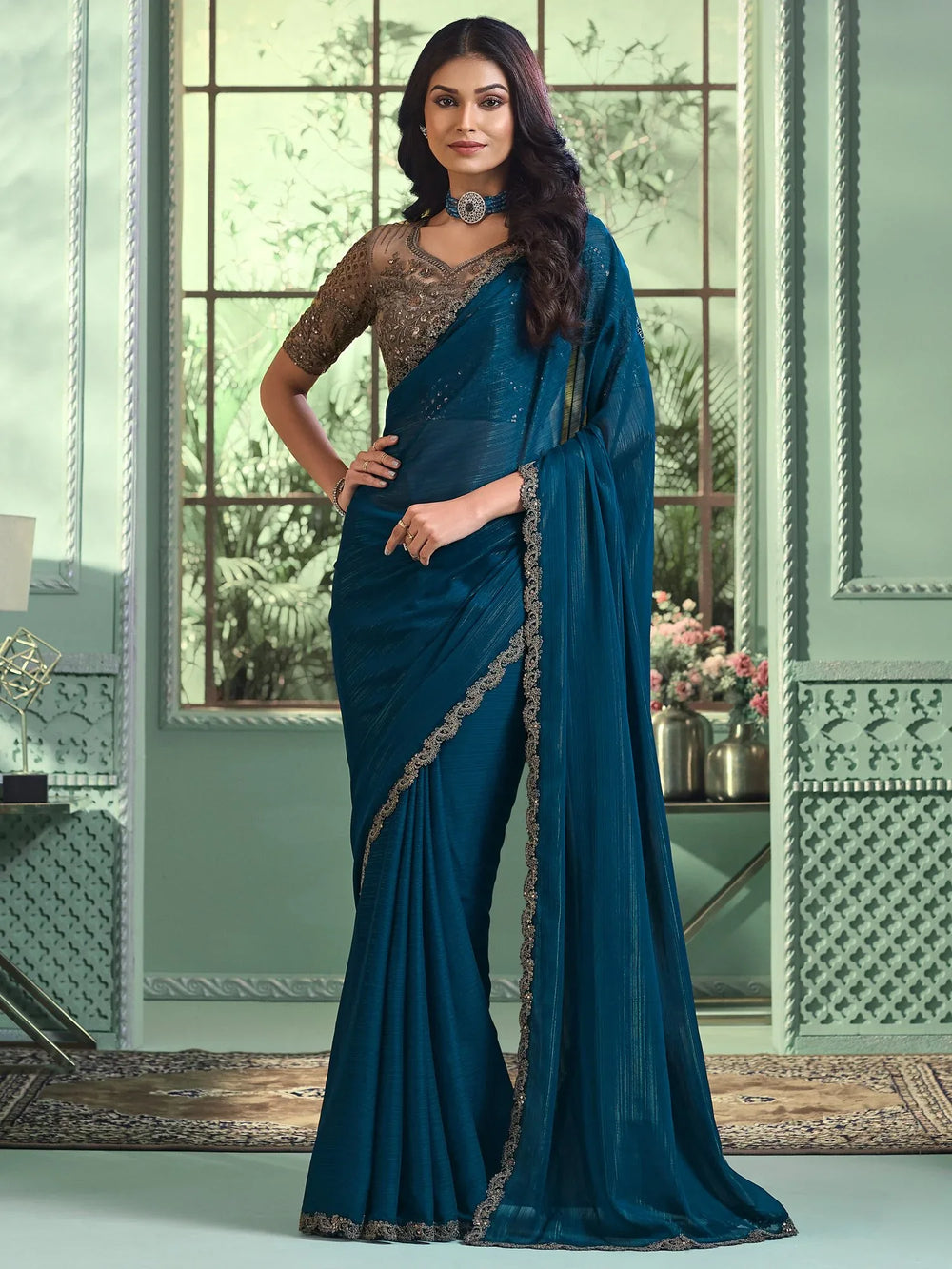 Designer Teal Blue Flowing Georgette Saree - The Dori Store