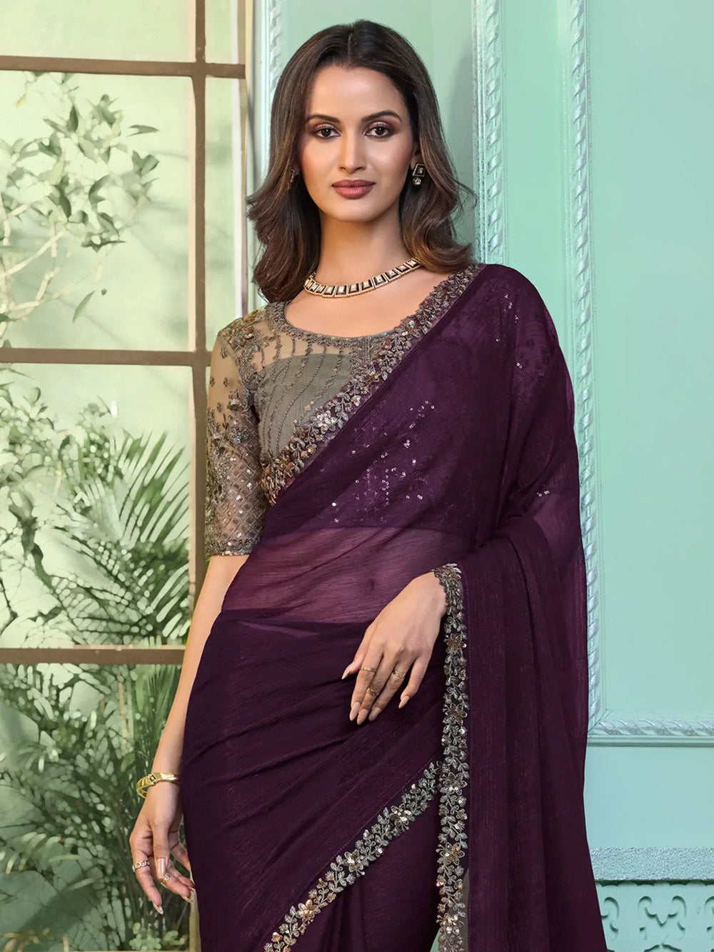 Designer Purple Sheer Chiffon Saree - The Dori Store
