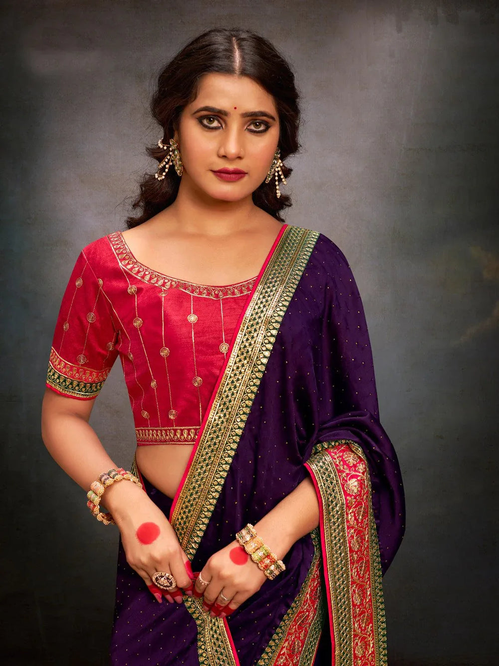 Purple Party Wear Satin Silk Embroidered Saree - The Dori Store